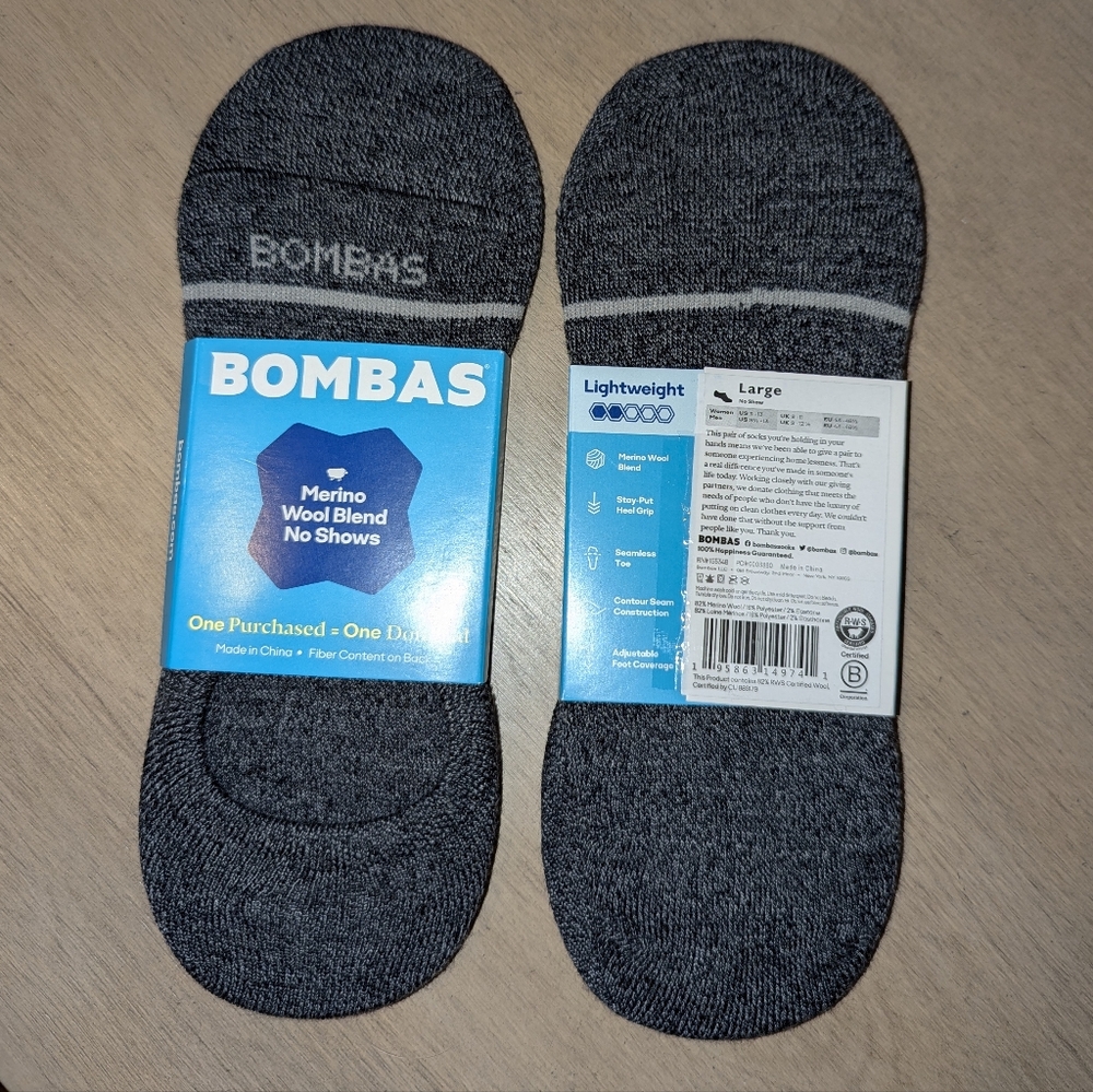 2 pairs Bombas Men's Merino Wool Blend No Show Socks Size Large Gray